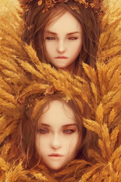 Image similar to The goddess of autumn harvest, tranquility, beautiful face, long hair, wearing wheat yellow gauze, comic style, virtual engine, 3D, sense of atmosphere, goddess, by wlop