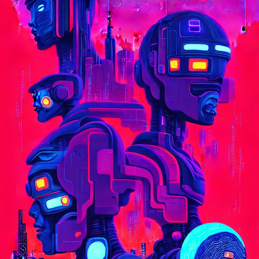 Image similar to a graph - style gouache impasto huge robot head in front of her, cyberpunk art by by james gilleard, cgsociety, retrofuturism, synthwave, retrowave, outrun