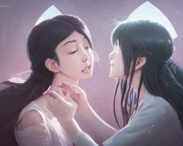 Image similar to two beautiful girls kissing, sharp details, sharp focus, elegant, highly detailed, illustration, by jordan grimmer and greg rutkowski and pine ( ハイネ ) and 薯 子 imoko and 香 川 悠 作 and wlop and maya takamura, intricate, beautiful, trending artstation, pixiv, digital art