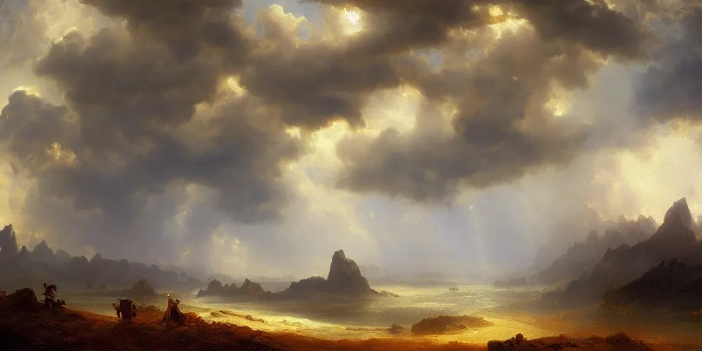 Prompt: a beautiful painting of epic skycape with thunder clouds and storm over a moody landscape by albert bierstadt and joseph zbukvic, moody color scheme, high detail, trending on artstation, orange - 1 0, yellow - 1 0