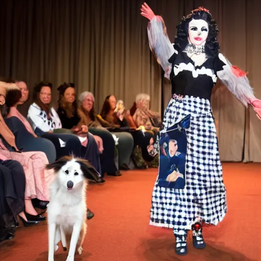 Image similar to a border collie dressed as a woman doing a fashion show in a theater, the audience consists of dogs, acrylic painting p