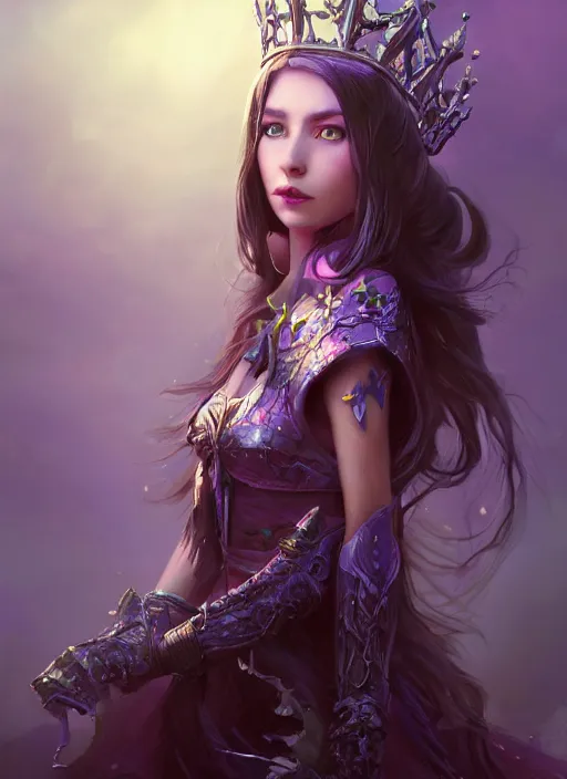 Image similar to mysterious evil princess with long hair and a crown, vivid colors, fantasy, elegant, concept art, sharp focus, beautiful face!!, digital art, Hyper-realistic, 4K, Unreal Engine, Highly Detailed, HD, Dramatic Lighting by Brom, trending on Artstation