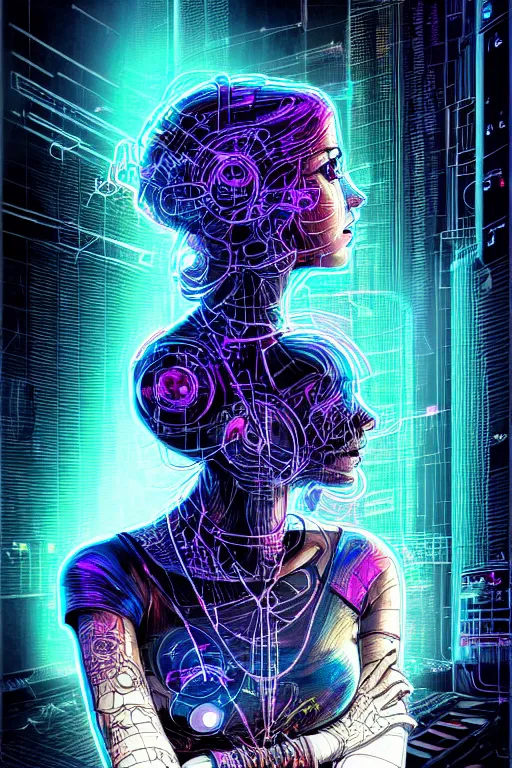 Image similar to dreamy cyberpunk girl, abstract smoke neon, digital nodes, computer network, beautiful woman, detailed acrylic, grunge, intricate complexity, by dan mumford and by alberto giacometti, arthur rackham