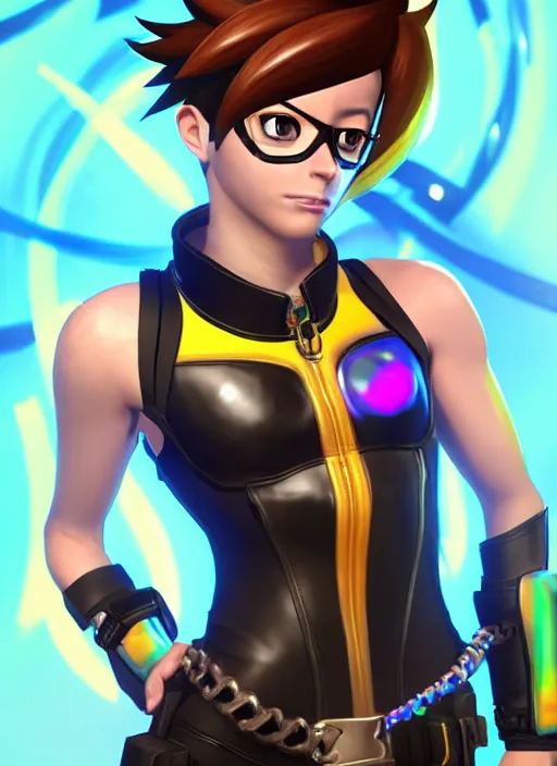 Image similar to full body digital artwork of tracer overwatch, wearing black iridescent rainbow latex tank top, 4 k, expressive happy smug expression, makeup, in style of mark arian, wearing detailed black leather collar, wearing chains, black leather harness, leather cuffs around wrists, detailed face and eyes,