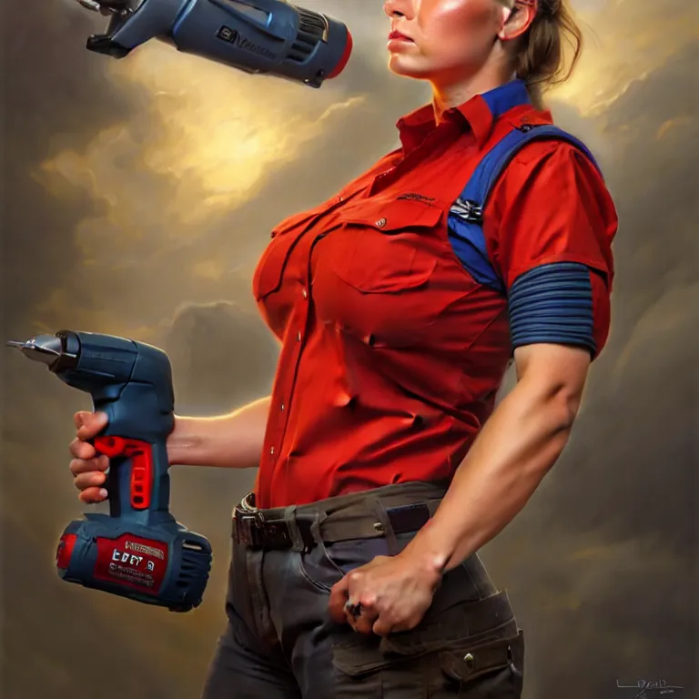 Image similar to epic portrait a slightly muscular woman wearing short sleeved uniform and carrying a red power tool drill, detailed, centered, digital painting, artstation, concept art, donato giancola, Joseph Christian Leyendecker, WLOP, Boris Vallejo, Breathtaking, 8k resolution, extremely detailed, beautiful, establishing shot, artistic, hyperrealistic, beautiful face, octane render