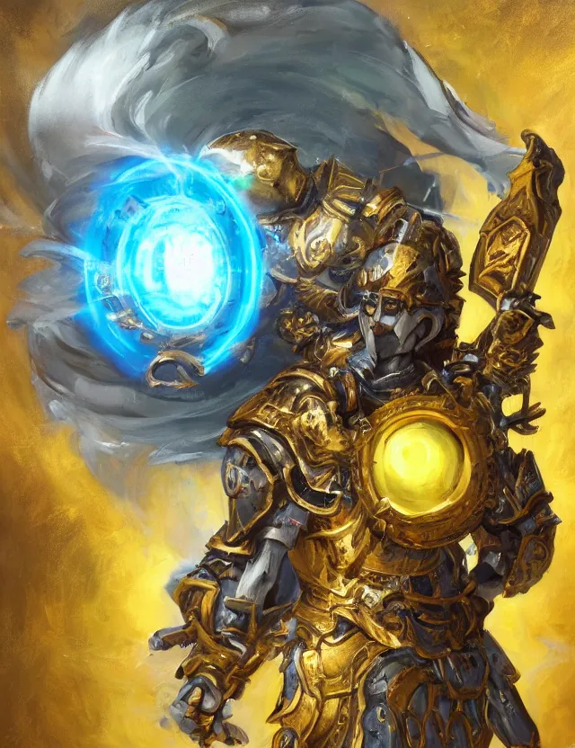 Prompt: full body, attack position abstract painting in lush fantasy environment of a ornate holy warforged with circular glowing eye, character in yellow armor holding a legendary paladin engraved holy great longsword and carrying a huge heavy paladin shield, face in focus, epic , trending on ArtStation, masterpiece, clean, simple head, cinematic lighting, by Delphin Enjolras and by Ruan Jia