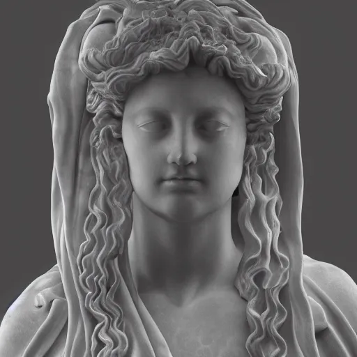 Image similar to a delicate renaissance marble sculpture of the Greek Priestess Medusa covered with water veil, highly detailed transparent marble cloth, gi, global illumination, physically based rendering, photorealistic, top light, dark background