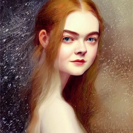 Image similar to professional painting of Elle Fanning in the style of Fernand Toussaint, head and shoulders portrait, symmetrical facial features, smooth, sharp focus, illustration, intricate, stormy weather, extremely detailed masterpiece,