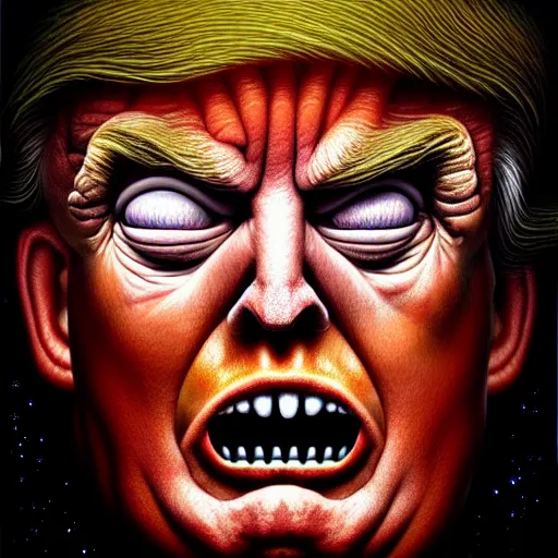 Prompt: donald trump face, peer into the depths of the endless cosmic void, shine a light on your darkest terror. by anton semenov, hyperrealistic photorealism acrylic on canvas