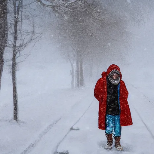 Prompt: a boy with colored dread hair walking in snow, 6 : 3 0 am, painted by michelangelo, 4 k, 1 3 0 mm