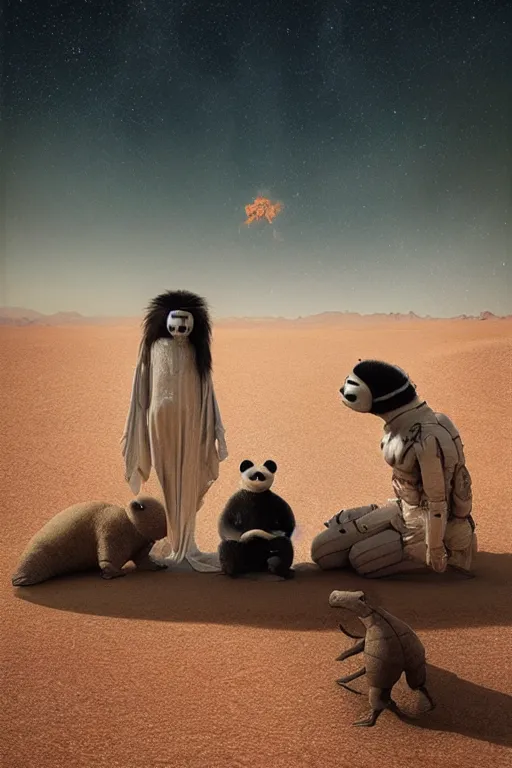 Image similar to 🐼 as 🦕 as 👽 as 🐳, desert photography by shunji dodo and greg rutkowski and edgar maxence