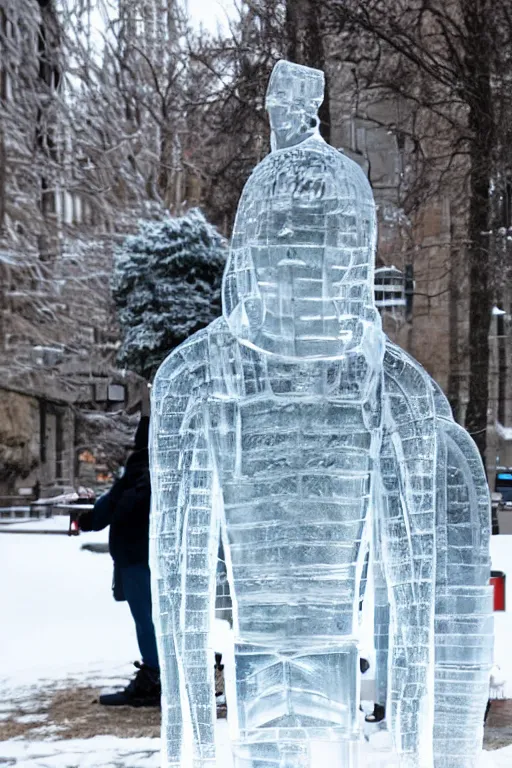 Image similar to transparent ice sculpture of man in sportswear jacket, intricate sculpture, cold, winter, street photo