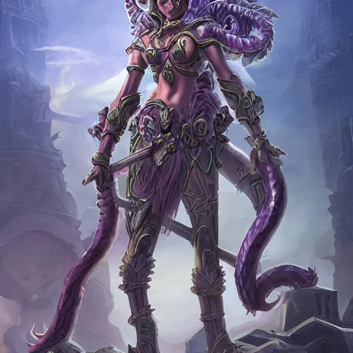 Image similar to torquoise fantasy armored medusa holding a spear, pillars background with ruined and statues, fantasy game art, fantasy rpg, league of legends