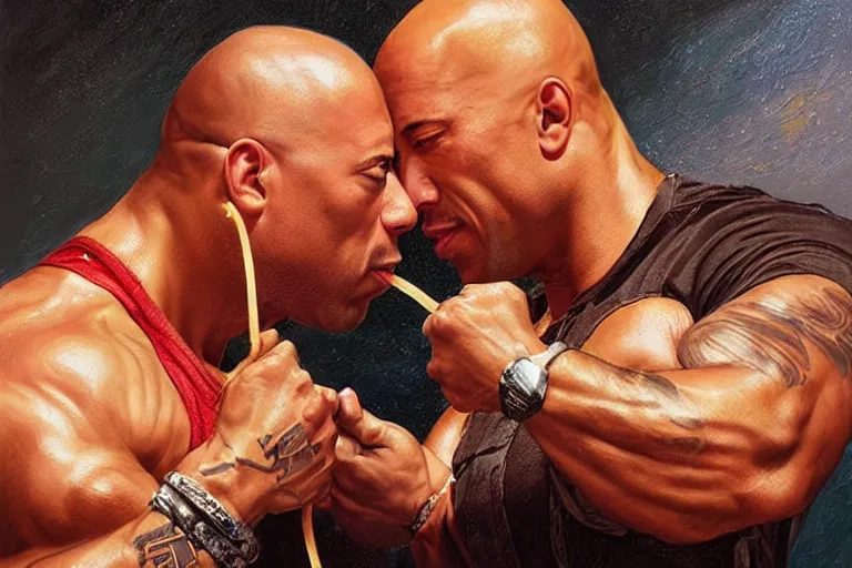 Image similar to portrait of vin diesel and dwayne the rock johnson sharing spaghetti noodle kiss, an oil painting by ross tran and thomas kincade