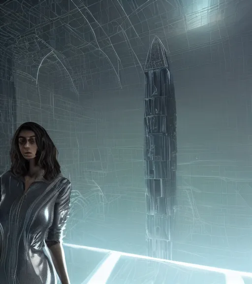 Prompt: selfie of tarkovsky greatest scene, hologram of the ancient destroyed majestic tower of babylon, a woman in futuristic cyber clothing, transparent puffer jacket, hyperealistic, blockchain, cyber world, ambient lighting, concept art, intricate, hyperdetailed, smooth, dynamic volumetric lighting, ocatane render, ray trace, cinematic, high quality, cgsociety