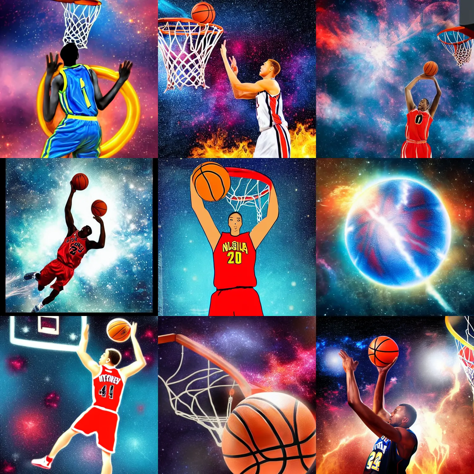 Prompt: a basketball player dunking a basketball, style of nebula explosion