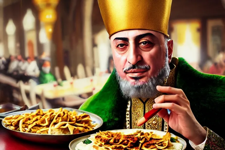 Image similar to Ottoman Sultan Mehmet IV eating shawarma in a restaurant, wearing big ovular turban and a luxurious Ottoman coat, green eyes, super realistic facial features, detailed face, Ottoman Sultanate, cheerful, expressive, photorealistic, hyperrealism, micro details, HDR Shot