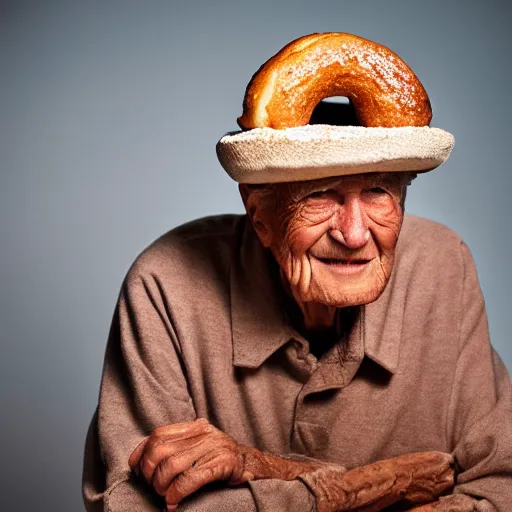 Image similar to an elderly man wearing a hat made from doughnuts, bold natural colors, national geographic photography, masterpiece, 8 k, raw, unedited, symmetrical balance