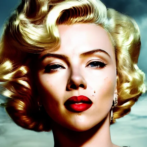 Image similar to stunning awe inspiring scarlett johansen as marilyn monroe, movie still 8 k hdr atmospheric lighting