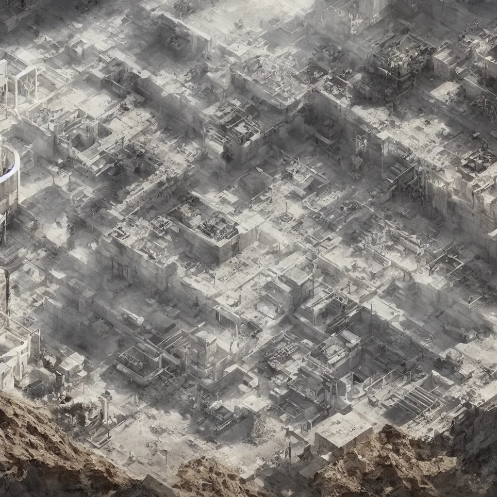 Image similar to perspective cartoon manga anime render of a bioremediation white architecture in the mining tailing in the desert, smooth, rossdraws, norman rockwell, emiliano ponzi, epic composition, hd, octane, unreal engine, volumetric lighting, light rays, masterpiece, award - winning