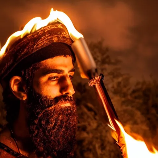 Prompt: award winning cinematic still portrait of intense 27 year old Mediterranean skinned man in Ancient Canaanite clothing, holding a flaming torch, beard, short hair, Nighttime. Army holding torches in the background, action, violence, Biblical epic directed by Steven Spielberg