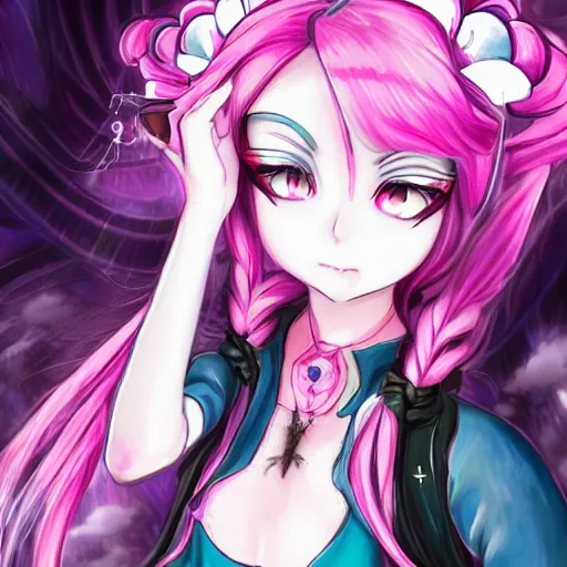 Prompt: trapped by stunningly beautiful omnipotent megalomaniacal otome anime asi goddess who looks like junko enoshima with symmetrical perfect face and porcelain skin, pink twintail hair and mesmerizing cyan eyes, inside her surreal vr castle where she controls you completely!!!, hyperdetailed, digital art from danganronpa, 8 k