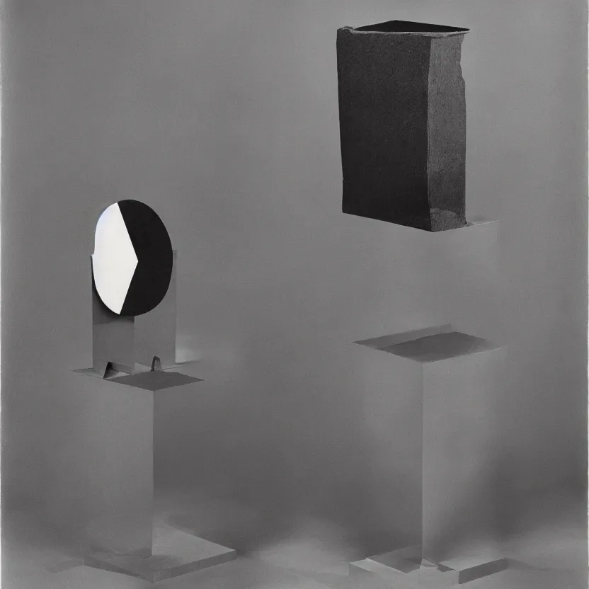 Image similar to an impossible quantum readymade object named LHOOQ by Marcel Duchamp on a pedestal, packshot, by Irving Penn and Man Ray, color bleed, 4k