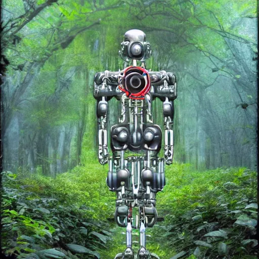 Image similar to I like to think of a cybernetic ecology. joined back to nature, all watched over by machines of loving grace.