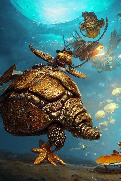 Image similar to beautiful painting of a caretta caretta wearing an armour of jewels and giant golden beetles in ocean coral reef, intricate details, realistic shaded , steampunk, highly detailed, artstation, illustration by Greg Rutkowski and Ruan Jia , octane render, dynamic light, volumetric light, neon lights, cinematic mood