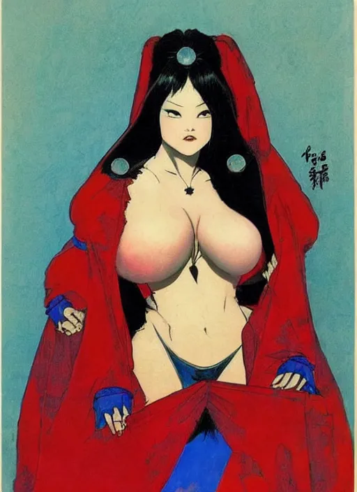 Image similar to portrait of heavyset mighty korean vampiress, jeweled veil, blue and red, strong line, saturated color, beautiful! coherent! by frank frazetta, high contrast, minimalism