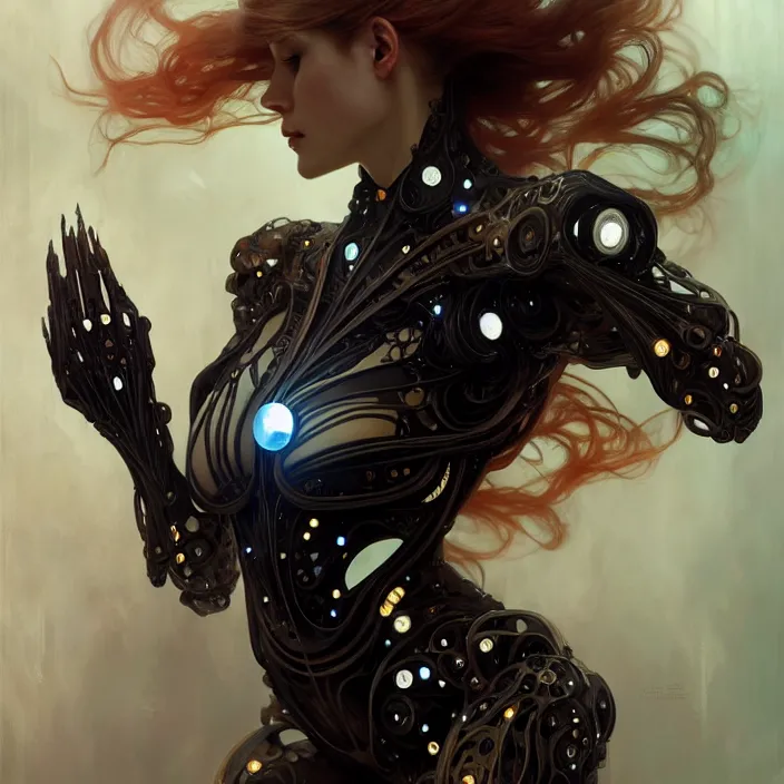 Image similar to organic cyborg, black oil, diffuse lighting, fantasy, intricate, elegant, highly detailed, lifelike, photorealistic, digital painting, artstation, illustration, concept art, smooth, sharp focus, art by john collier and albert aublet and krenz cushart and artem demura and alphonse mucha