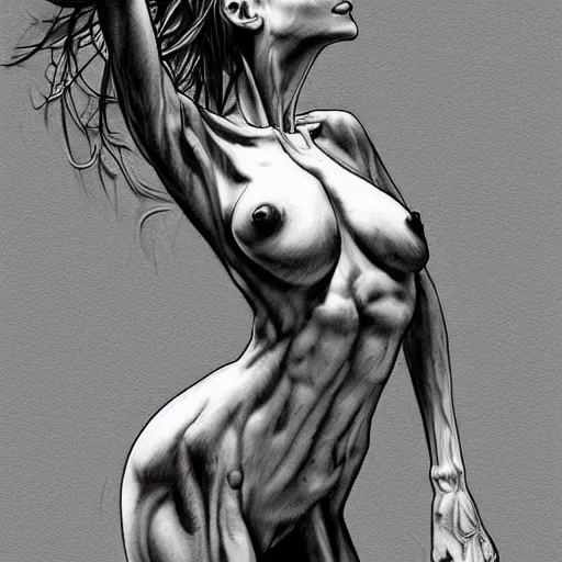 Prompt: hyperrealistic, detailed, skinny lady, gorgeous, dynamic pose, ink, line art by Kim Jung gi