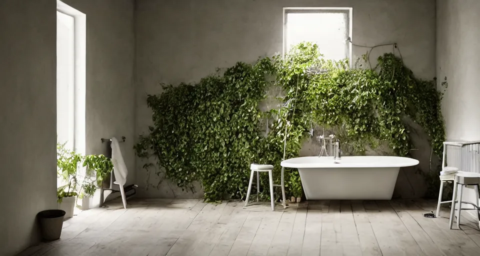 Image similar to IKEA catalogue photo, high end farm house style bathroom, sand piled in corners, dust, organic, vines, overgrown, tropical, by Beksiński