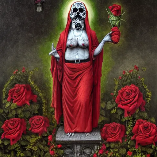 Image similar to santa muerte in a rose garden being worshipped by a mexican death cult through a ritual, by anton semenov and gustave dore and guillermo del torro in a surreal dark horror style, oil on canvas, 8k, hd,