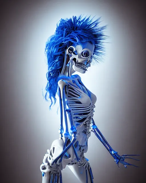 Image similar to natural light, soft focus portrait of a cyberpunk skeletal corpsebride, octane render, tilt shift, polaeized light, blue bioluminescent plastics, smooth shiny metal, elaborate ornate head piece, piercings, skin textures, by annie leibovitz, paul lehr