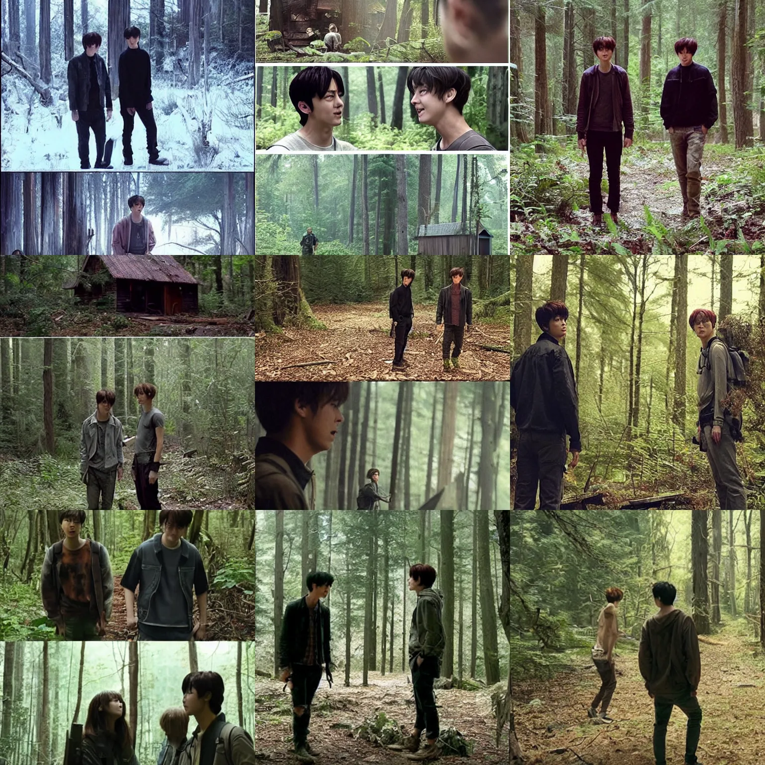 Prompt: scene from a 2010s science fiction film+ Seokjin & Jungkook find enter the abandoned cabin in the middle of the woods + they look around + jungkook is happy that he's no longer alone + CGSOCIETY + directed by Luc Besson +