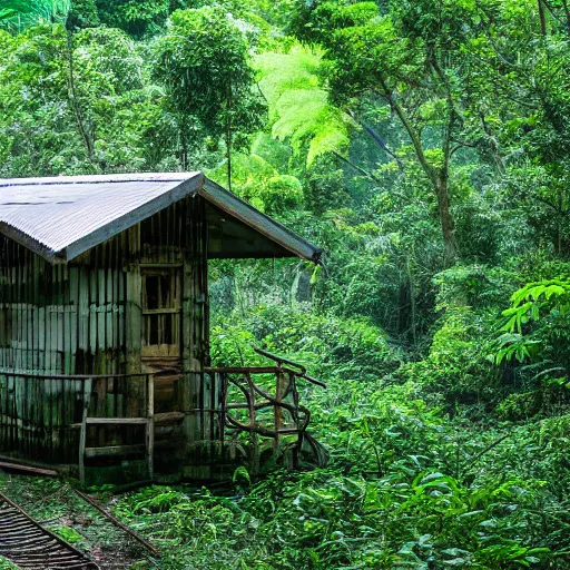 Image similar to An old Gast station in a dense jungle
