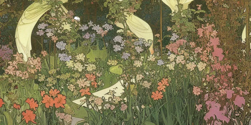 Image similar to a painting of a beautiful garden, isometric view, painted by alphonse mucha and hieronymus bosch and hasui kawase, dramatic lighting, vivid colours.