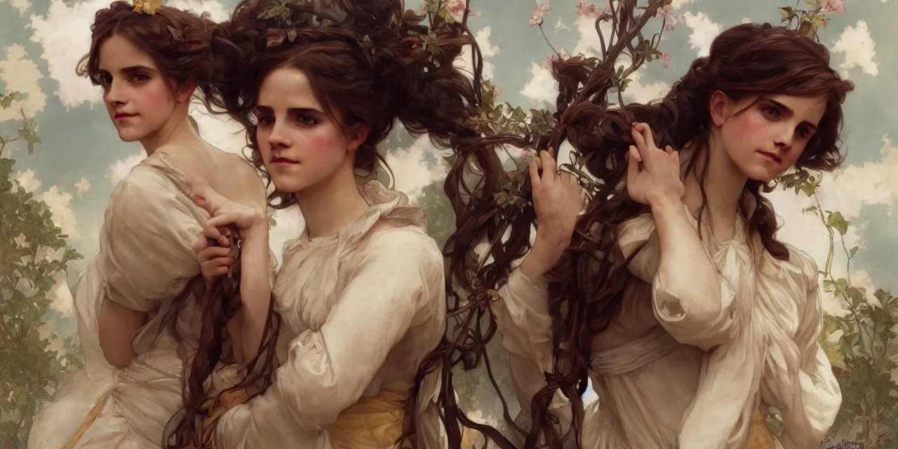 Image similar to emma watson southern belle style artgerm greg rutkowski alphonse mucha william adolphe bouguereau