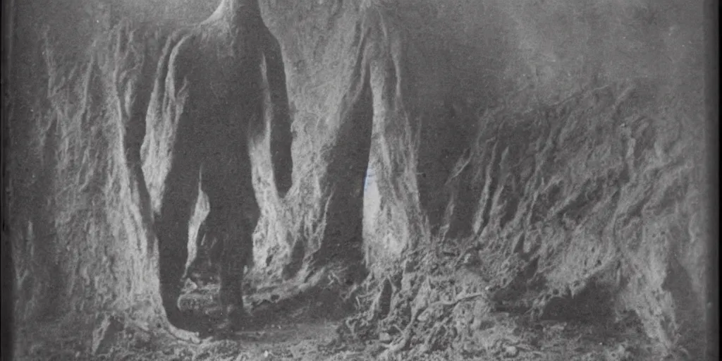 Image similar to scary unproportionable tall ghost creature in the middle of a trench, ghost, 1900s picture