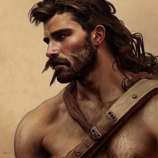 Image similar to portrait of a rugged ranger, muscular, upper body, hairy torso, detailed detailed detailed hands hands hands hands, D&D, fantasy, bare bare bare bare thighs thighs thighs intricate, elegant, highly detailed, digital painting, artstation, concept art, smooth, sharp focus, illustration, art by alphonse mucha