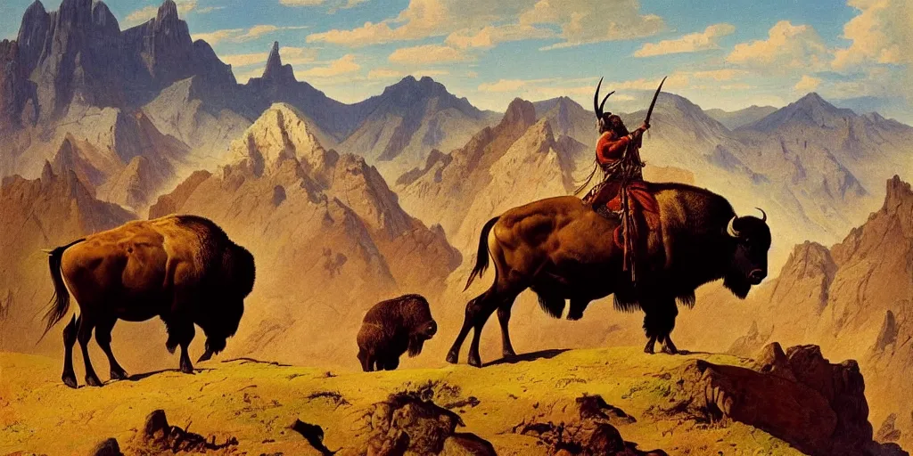 Prompt: native american riding bison, buffalo, native american warrior, mountain range, beautiful sky, standing on the edge of a cliff, 1 9 th century, painted by frazetta