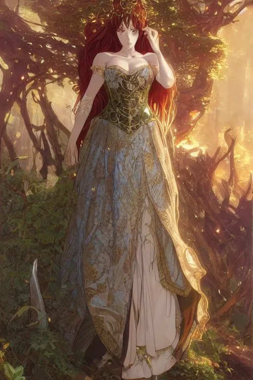 Image similar to anime key visual of amora the enchantress wearing a medieval gown!! intricate, magical forest, stunning, highly detailed, digital painting, artstation, smooth, hard focus, illustration, art by artgerm and greg rutkowski and alphonse mucha