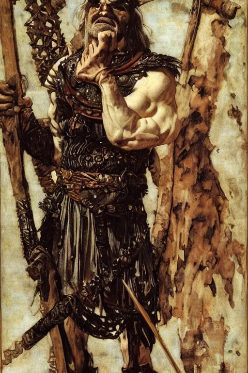 Image similar to henry rollins as a barbarian king of war, god of the wild, silk dress by edgar maxence and caravaggio and michael whelan and delacroix