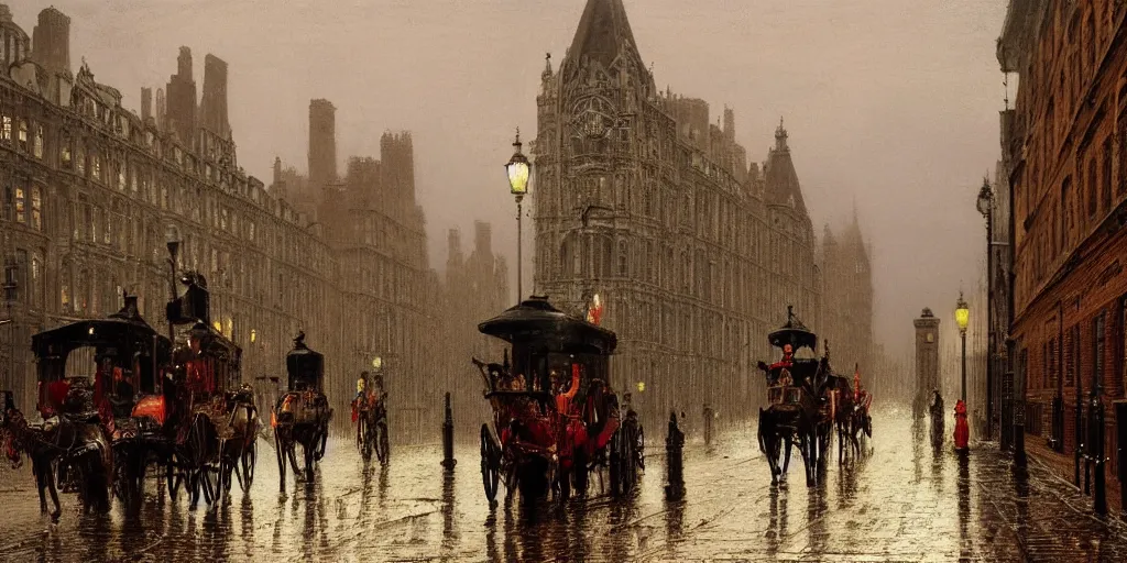 Prompt: Horse carriages on a Victorian city street on a rainy day in London, evening, low angle view, detailed matte painting, cinematic, John Atkinson Grimshaw, Artstation