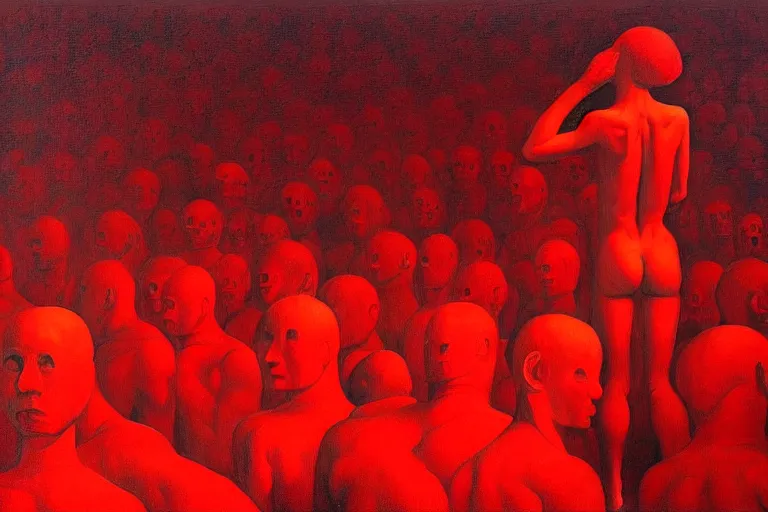 Image similar to only with red, crowd screaming, an exposed painting in a roman theater, in the style of beksinski, parts by edward hopper, parts by rodcenko, parts by yue minjun, intricate and epic composition, red by caravaggio, insanely quality, highly detailed, masterpiece, red light, artstation, 4 k