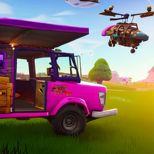 Prompt: Fortnite Battle Bus, Chikfila Style