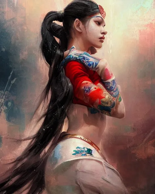 Prompt: an epic painting of sailor moon as a real girl, sailor moon hairstyle, oriental tattoos, realism, dramatic, intricate, by jeremy mann and greg rutkowski, dramatic earth colors, few vivid red highlights, trending on artstation, pixiv, oil on canvas