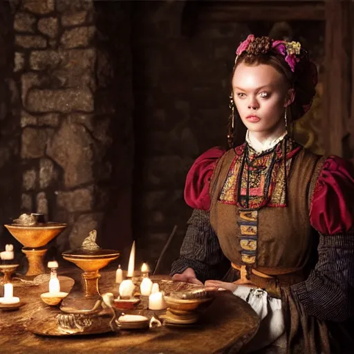 Prompt: frida gustavsson wearing 1 8 th century stay in a medieval tavern at night with candles, wow 4 k detail fantasy, matte painting, realistic materials, photo realistic, postprocessing, cinematic, hyperrealistic, studio lighting, ekaterina, the tudors, photography by richard jenkins