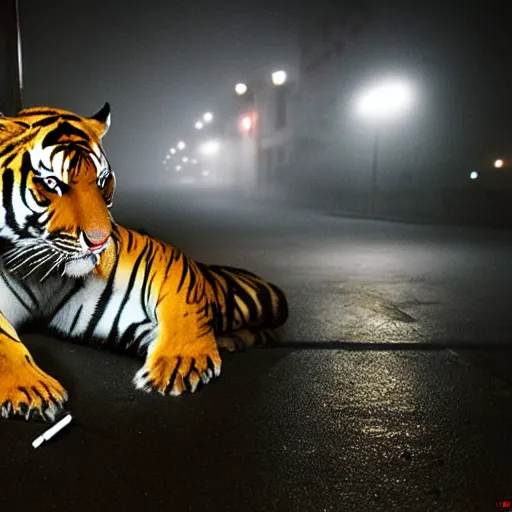 Image similar to DSLR photograph, magazine cover photograph of a tiger smoking a cigarette in Dhaka at night, foggy
